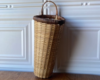 1970s 1980s Natural Bamboo Rattan Wicker Small Wall Basket Pocket