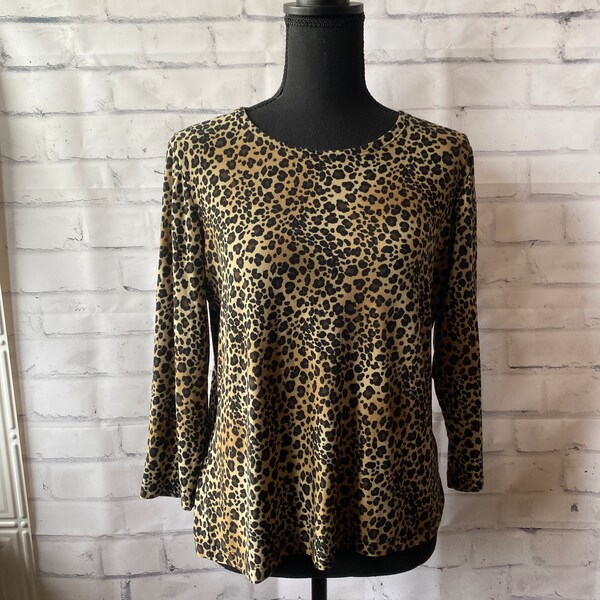 1990s Y2K Rafaella Leopard Print 3/4 Sleeve Stretch Top, M