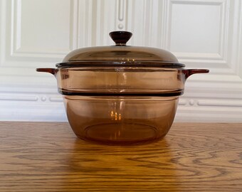 1980s Vision Corning France Amber Brown Glass Double Boiler Pot V-20-B w/ Lid Pyrex V-1.5C