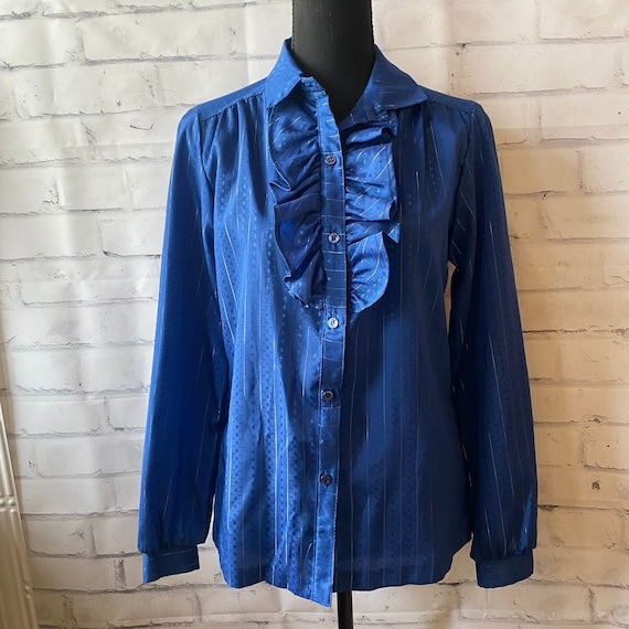 1970s Blue Silver Stripe Ruffle Collar Button Up Blou… - Gem