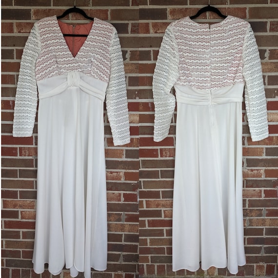 1970s Floor Length White Wedding Dress with Mod La