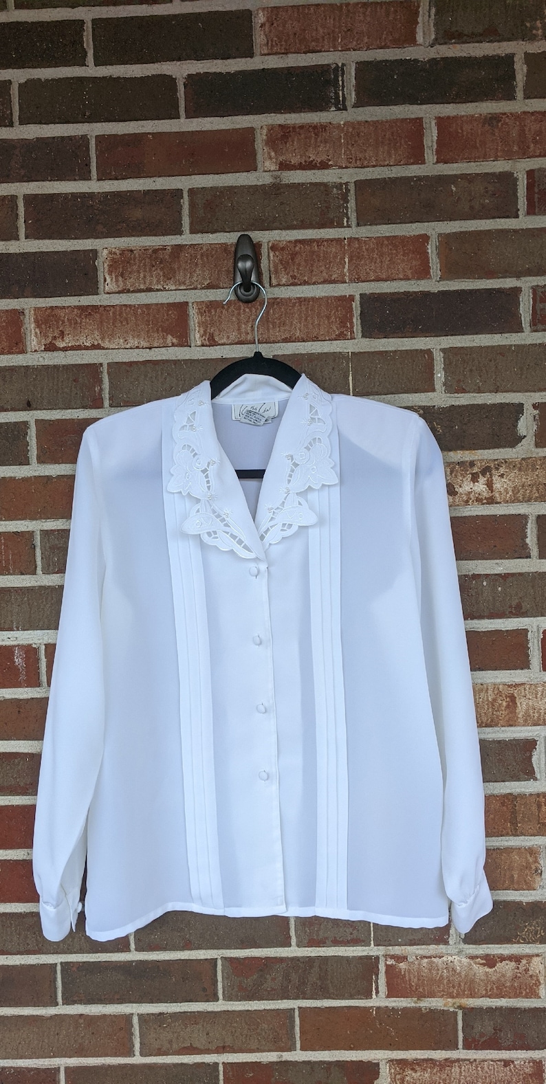 1980s Kathy Che Pearl Embellished Lace Peter Pan Collar Long Sleeve Button Up Blouse 10