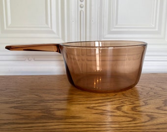 1980s Vision Corning Amber Brown Glass Saucepan Cooking Pot 1.5L, USA