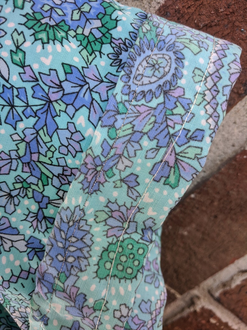 1980s Blue Paisley Floral Print Tie Waist Button Up Collared Shirt Dress 12