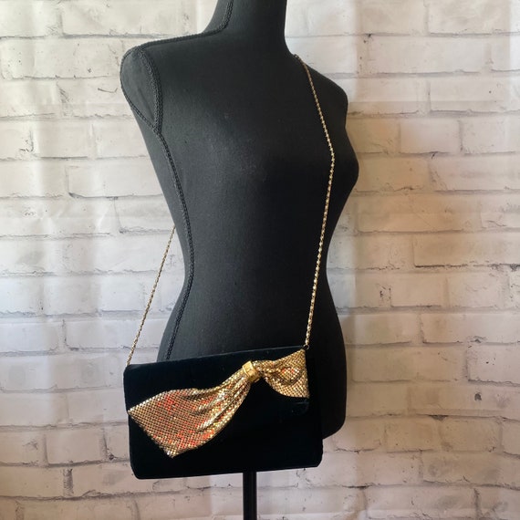 1960s Black Velvet Gold Metal Mesh Bow Gold Chain… - image 1