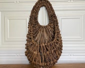 1970s 1980s Natural Rustic Wicker Woven Oblong Teardrop Shape Wall Pocket Basket