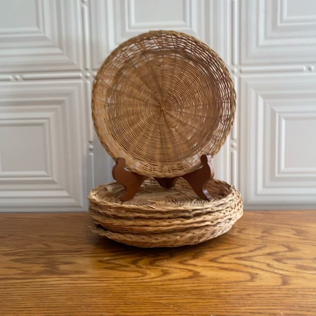 1970s Wicker Bamboo Paper Plate Holders Support Charger Wall Decor, Set