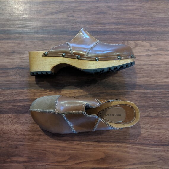 1970s Hippie Brown Leather Suede Patchwork Clogs S