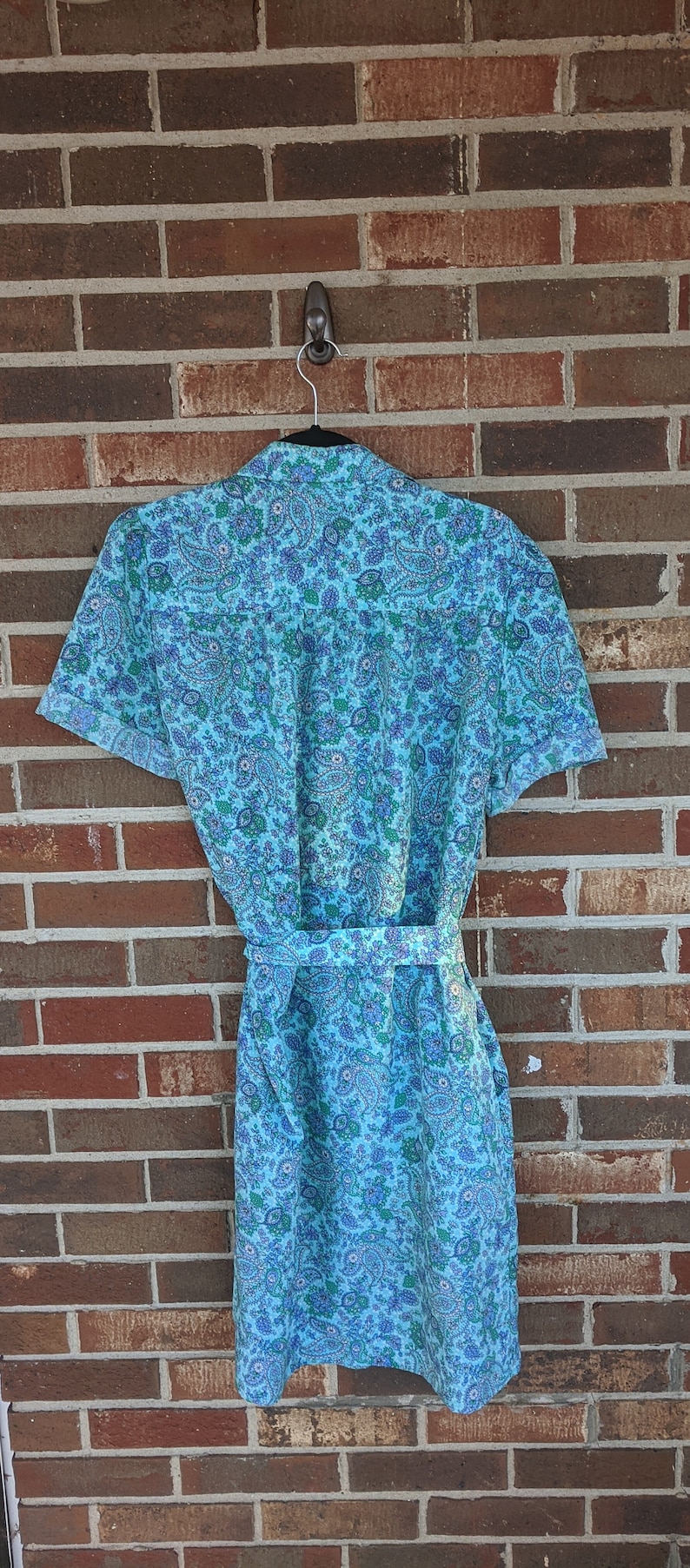 1980s Blue Paisley Floral Print Tie Waist Button Up Collared Shirt Dress 12