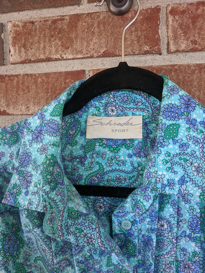 1980s Blue Paisley Floral Print Tie Waist Button Up Collared Shirt Dress 12
