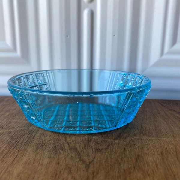 1960s 1970s Blue Horizon Starburst Sunburst Stamped Pressed Glass Small Trinket Bowl Tray