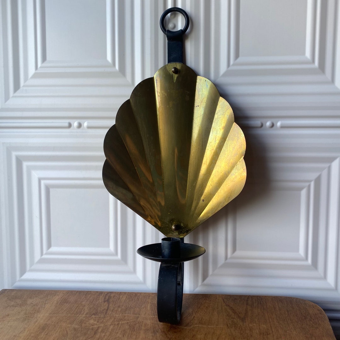 Candle Reflector Shell 1970s 1980s Oversized Brass Matte Black Iron Reflector Wall Candle ...