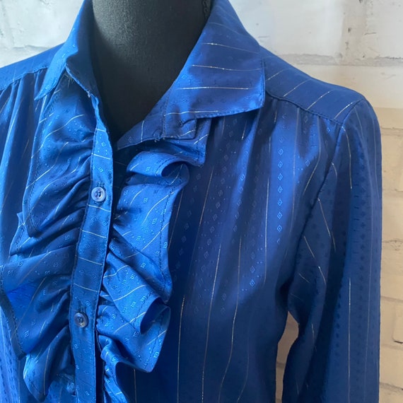 1970s Blue Silver Stripe Ruffle Collar Button Up Blou… - Gem