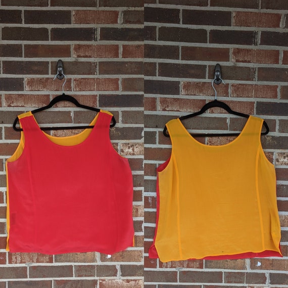 1980s Red Yellow Reversible Silk Tank Blouse, L