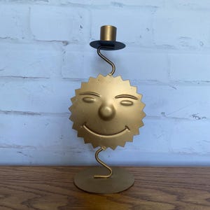 1990s Celestial Sun Face Gold Metal Candlestick Holder
