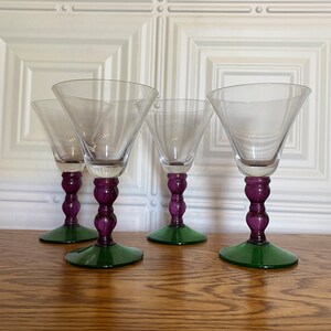1990s Y2K  Purple Green Bubble Ball Stem Cocktail Martini Glasses, set of 4