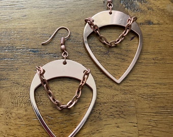 Copper Teardrop Chain Earrings Statement Dangle Hoops