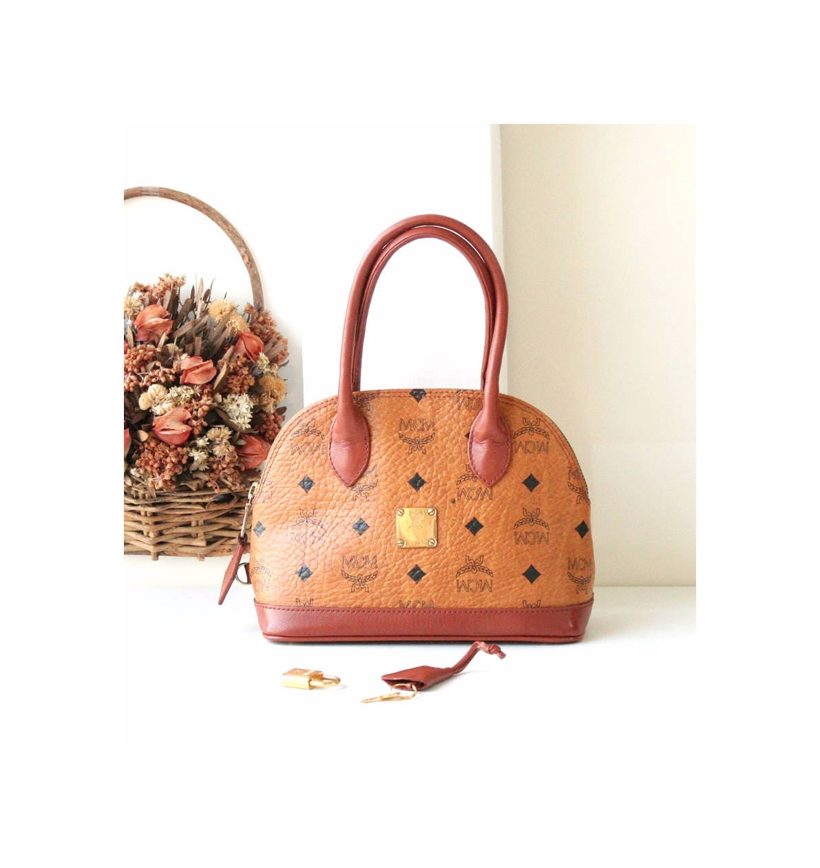 Authentic MCM Vintage Visetos Cognac Alma small Tote handbag