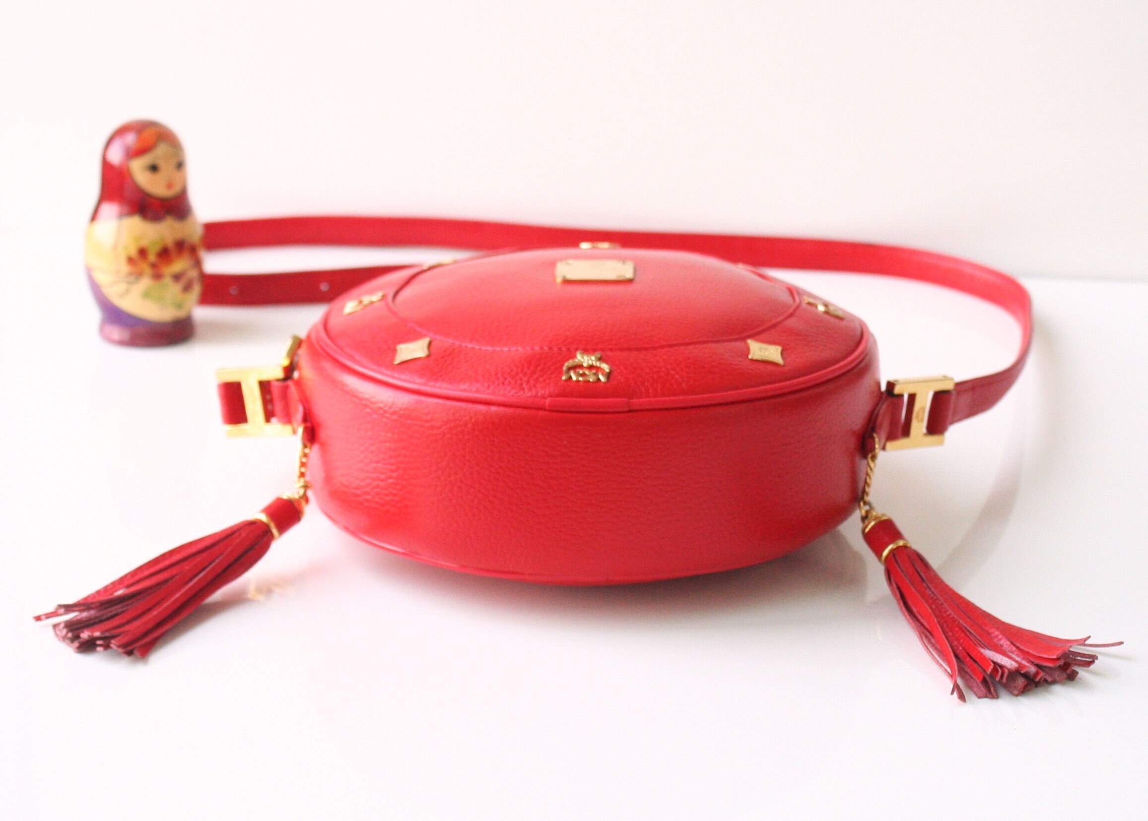 MCM Bag Tambourine Red Leather Shoulder Handbag Authentic Vintage