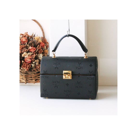 Auth MCM Black Visetos Boston Top Handled Bag 