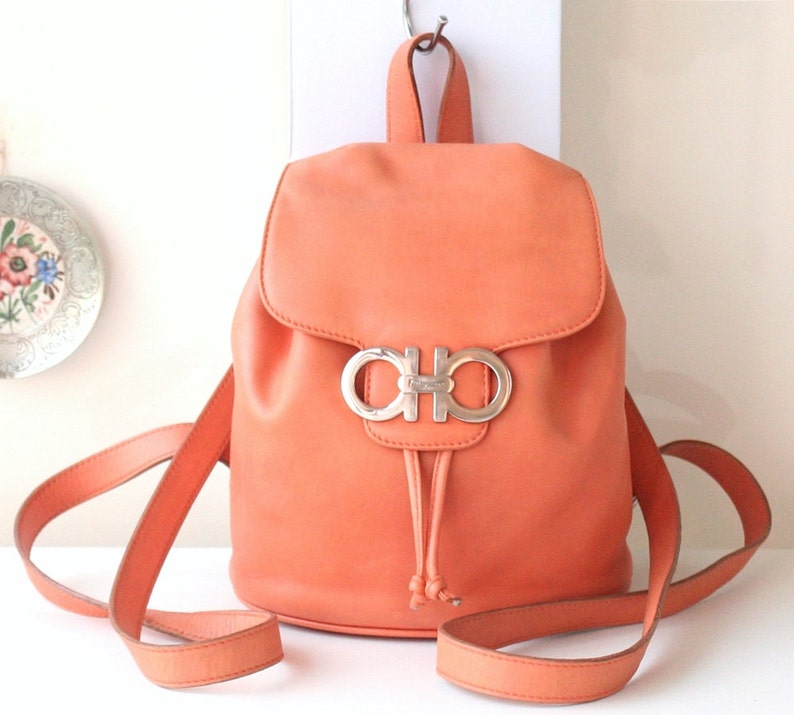 Ferragamo Gancini Backpack Orange Leather mini handbag purse authentic 