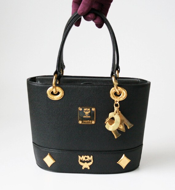 MCM Black Leather Mini Bucket Top Handle Bag with Keyring