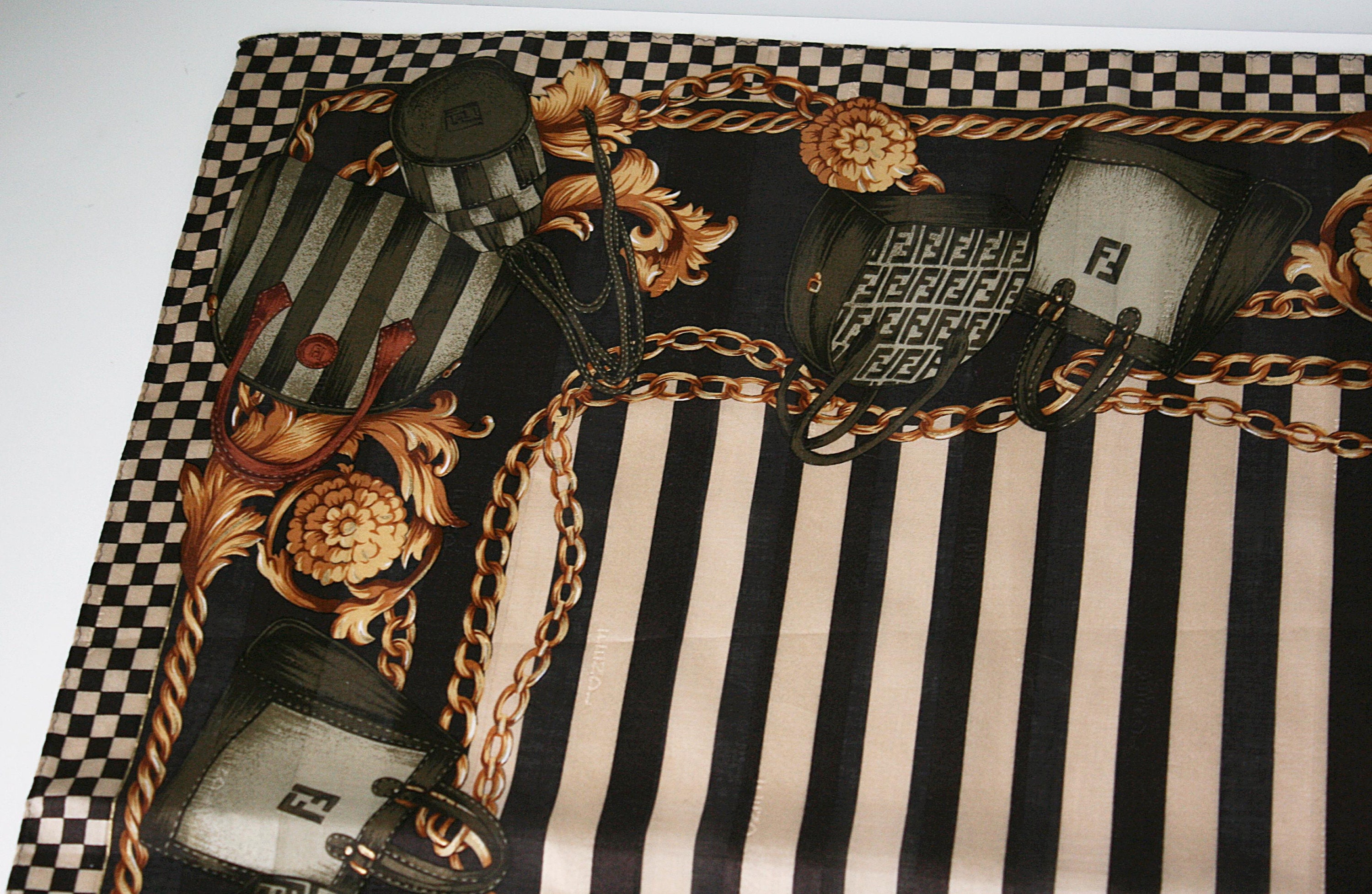 Auth Fendi Bag Chain Stripe Pattern Cotton Scarf Handkerchief 57 Accessories Scarves & Wraps Handkerchiefs 
