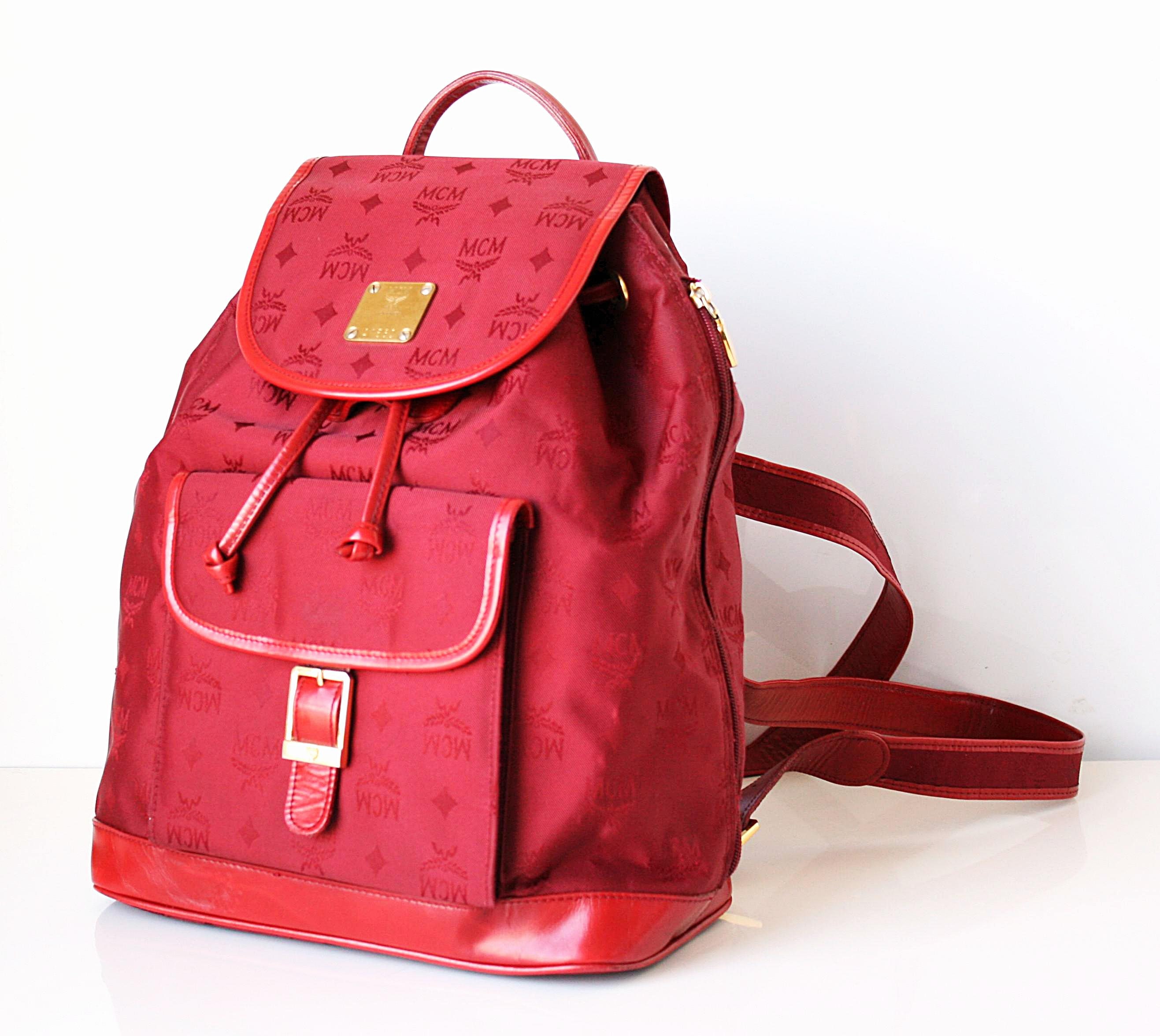 Auth MCM Red Visetos Jacquard Leather Backpack -  New Zealand