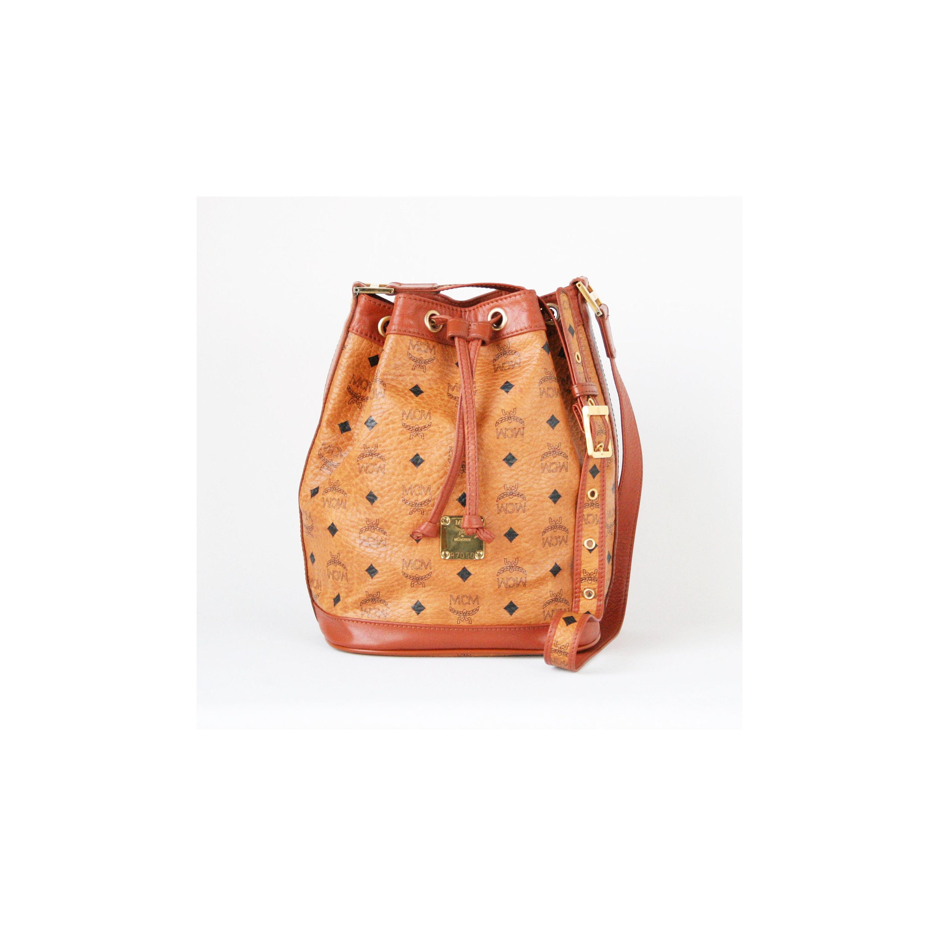 MCM Diamond Printed Small Tote - Cognac