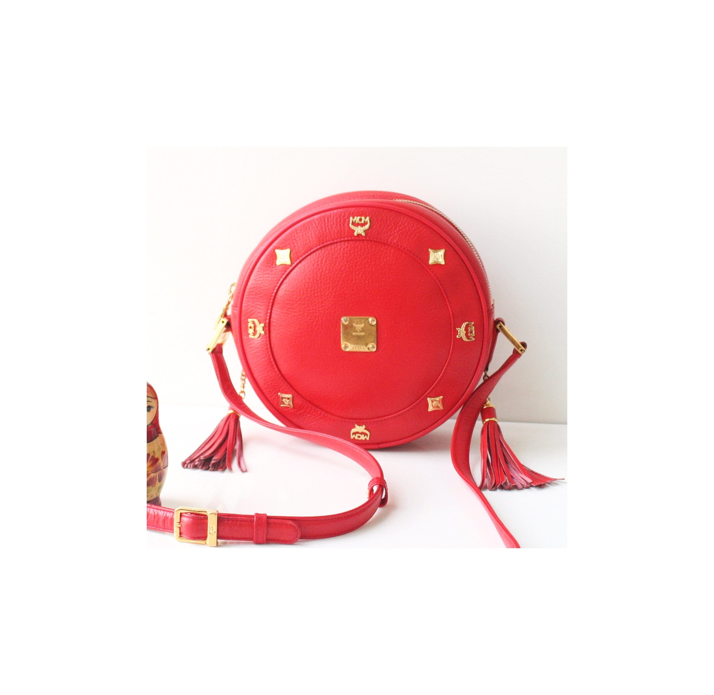 MCM Bag Tambourine Red Leather Shoulder Handbag Authentic 