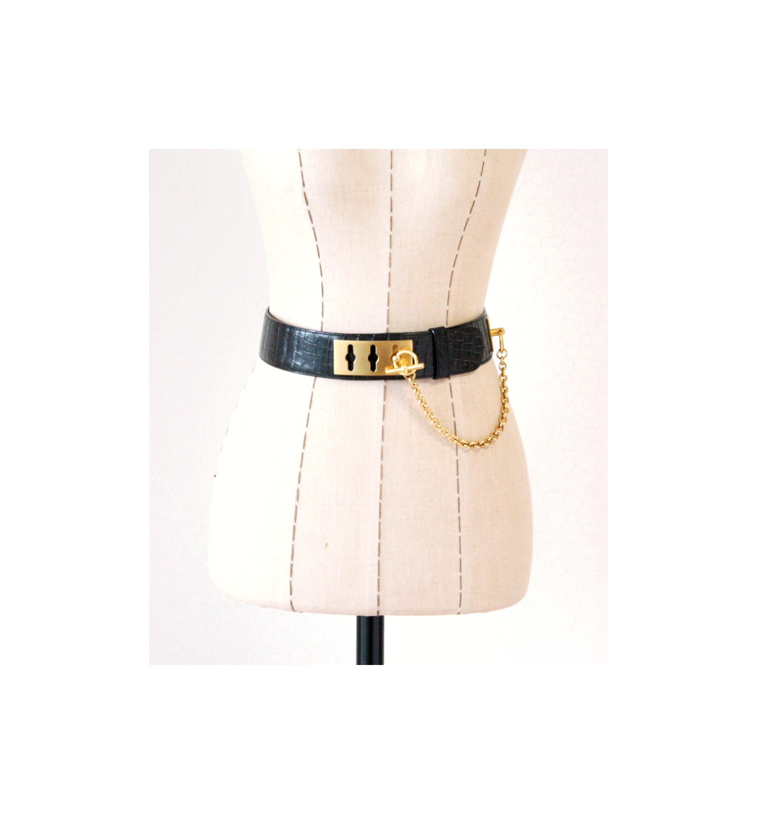 Celine Black Leather Gold Chain Toggle Waist Belt at 1stDibs