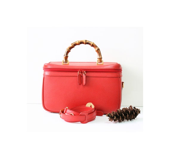 Auth GUCCI Red Leather Bamboo Train Case,Beauty Ca