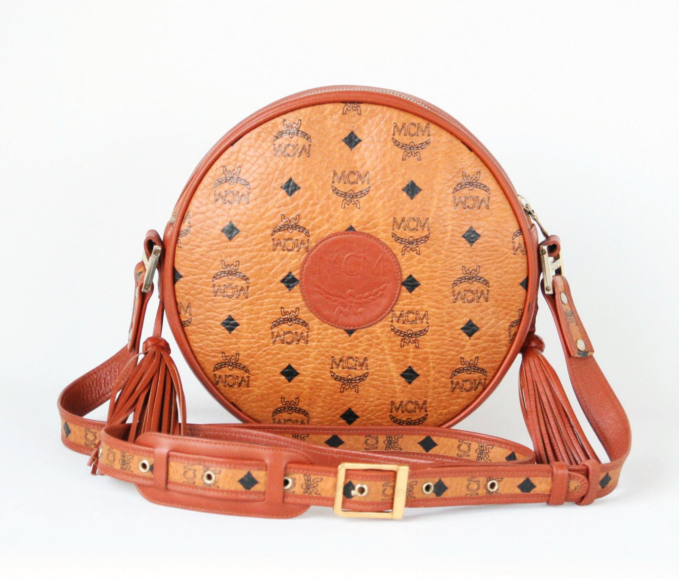 MCM Visetos Cognac Round Tambourine Bag Etsy