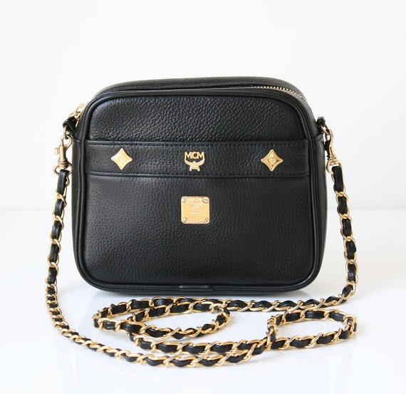 Authentic Mcm Leather Black Chain Shoulder Cross Vintage Handbag