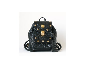 Auth MCM Quilt Black Leather Backpack Vintage