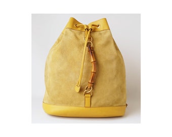 Auth GUCCI Yellow Suede Leather Bamboo Backpack,Drawstring Bag