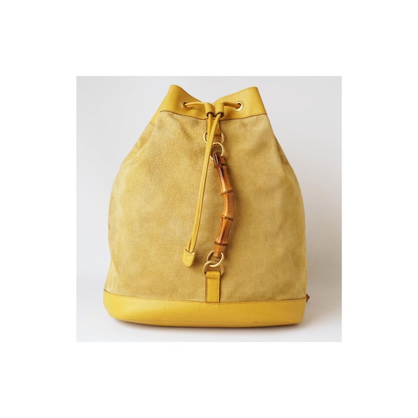 Auth GUCCI Yellow Suede Leather Bamboo Backpack,Drawstring Bag