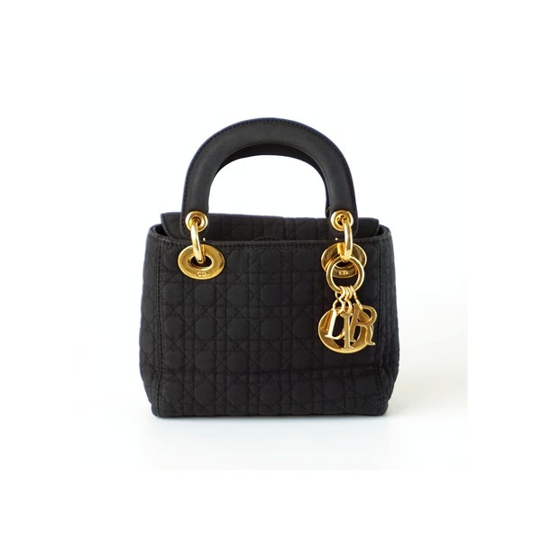 Verified - Auth Christian Dior Black Quilted Satin Mini Cannage Lady Bag