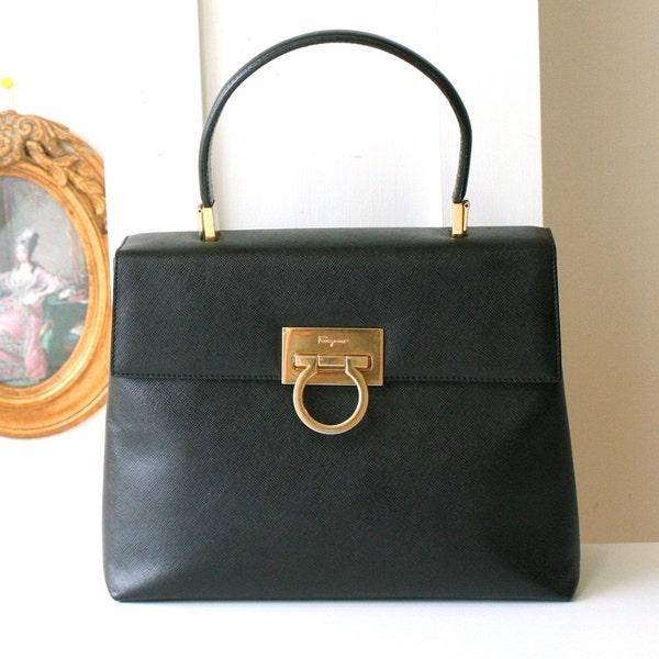 Salvatore Ferragamo Bag / Gancini Italy Black Leather Tote vintage authentic handbag
