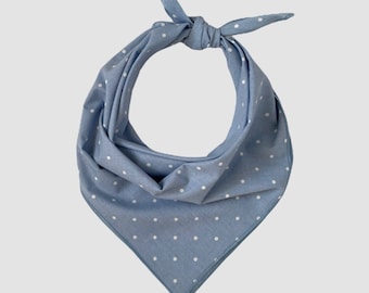 Blue with white polka dots dog bandana, chambray dog bandana, blue dog bandana, Summer dog bandana, tie on dog bandana, fun bandana