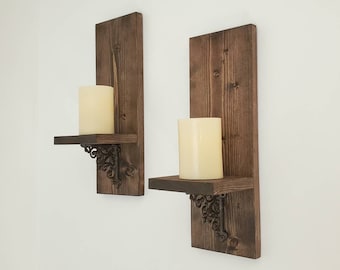 Handmade Wood Candle Sconce Set, Rustic Wall Decor (16x5.5x5")