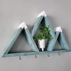 3-Peak Mountain Shelf, Wood Mountain Shelf, Shelf with Hooks, Rustic Key Holder, Mountain Wall Art, Mountain Key Hanger for Wall, Wall Shelf