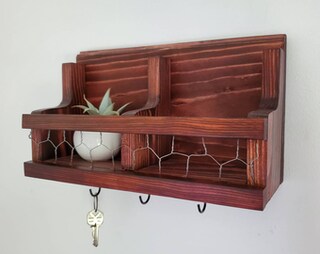 Portachiavi Da Parete In Legno Naturale Con Ripiano E 4 Ganci Doppi - Organizer Rustico Per Chiavi, Posta E Piccoli Oggetti