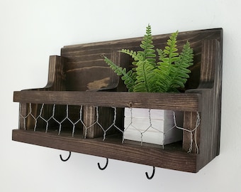 Handmade Wood Wall Key and Mail Holder, Entryway Organizer