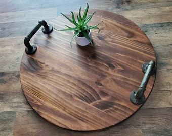 Round Wood Coffee Table Tray with Metal Handles, Rustic Serving Tray