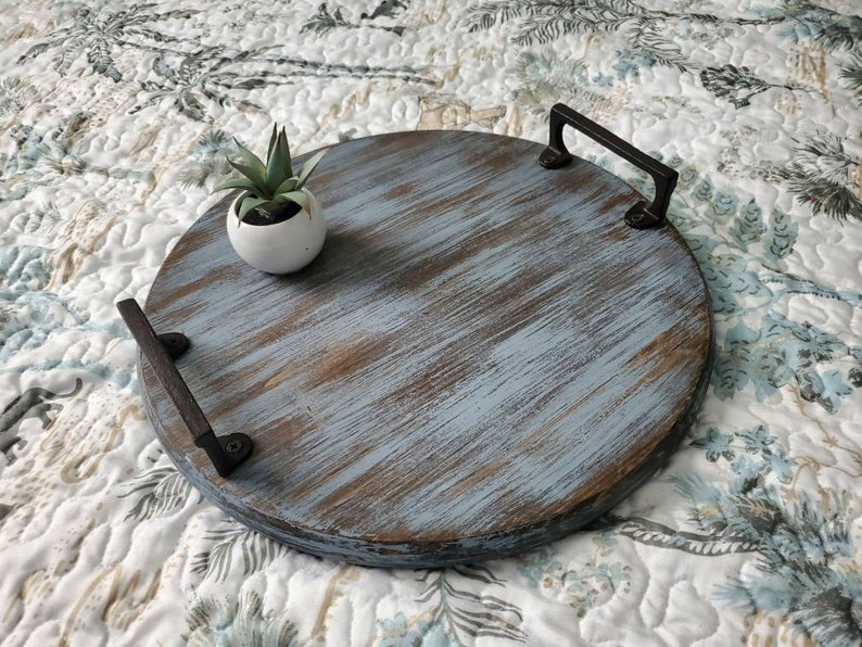 Round Wooden Tray, Decorative Wooden Trays, Coffee Table Tray, Mother's Day Gift, Round Ottoman Tray, Breakfast Tray, Gifts for Mom image 2