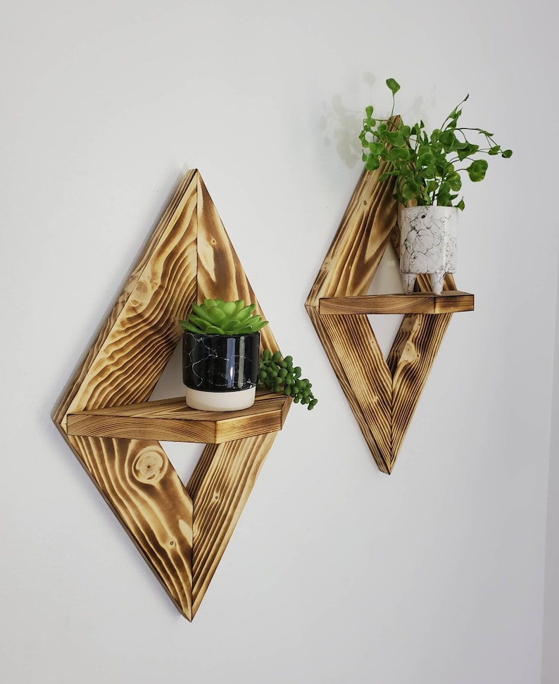 Wooden Display Shelf Set of 2, Geometric Shelf, Hanging Shelf, Floating Shelves, Modern Shelf, Diamond Shelf, Housewarming Gift, Diamond image 4