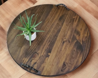 Handmade Round Wooden Ottoman Tray with Metal Handles