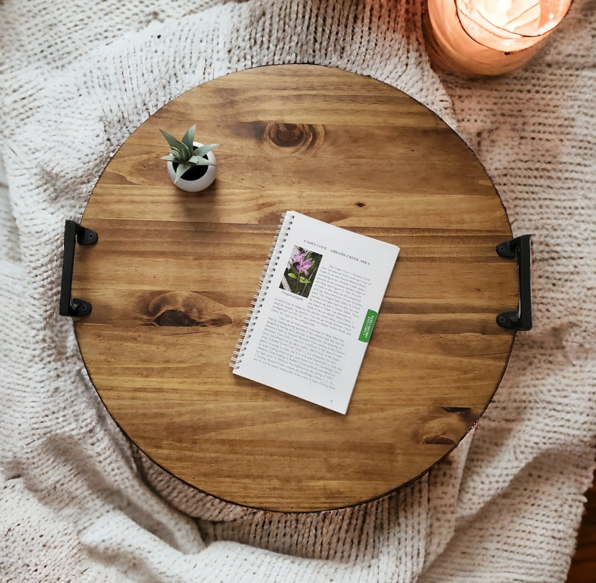 Natural Solid Wood Round Gold Tray Metal Handle Meal Tray