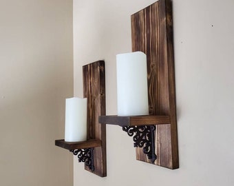 Rustic Wood Wall Sconces, Candle Holders, Farmhouse Decor, Set of 2